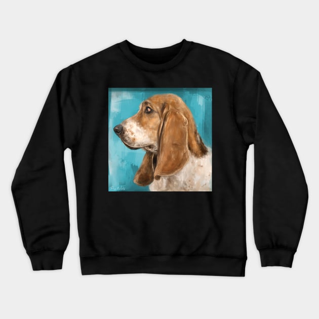 Painting of a Basset Hound Dog From The Side on Blue Background Crewneck Sweatshirt by ibadishi